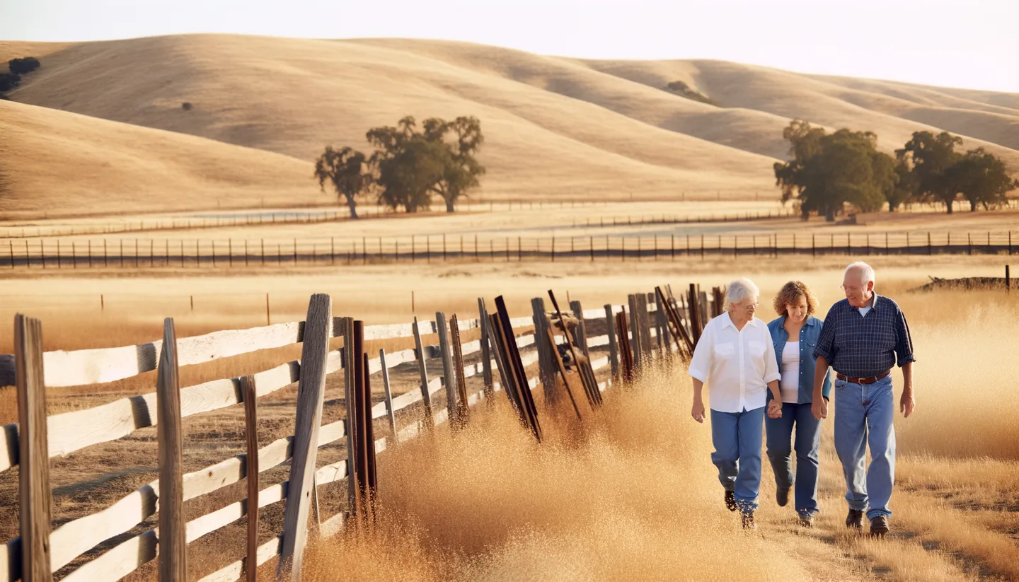 Family walking along inherited rural property in California