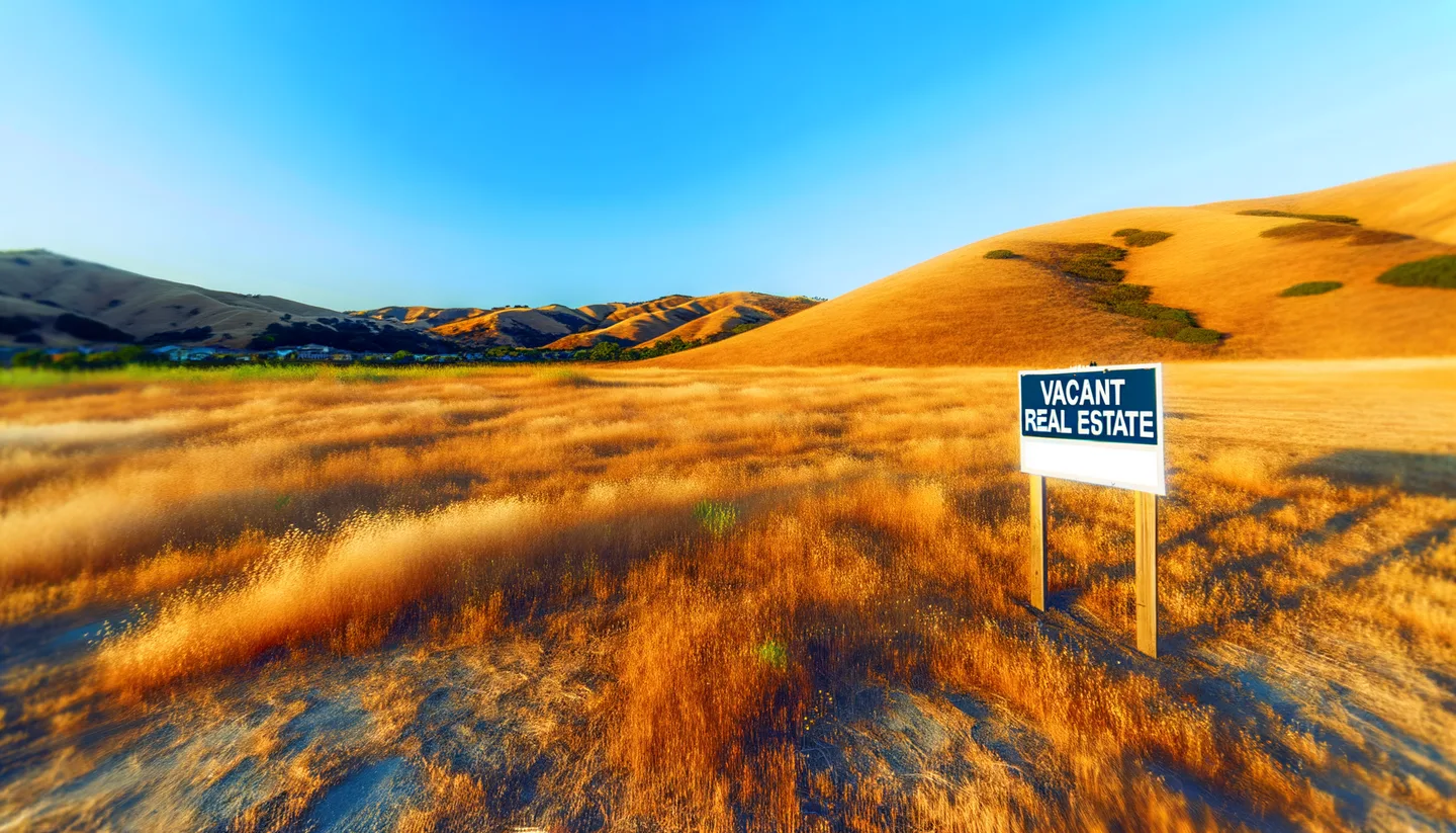 Vacant California land parcel with real estate sign at golden hour