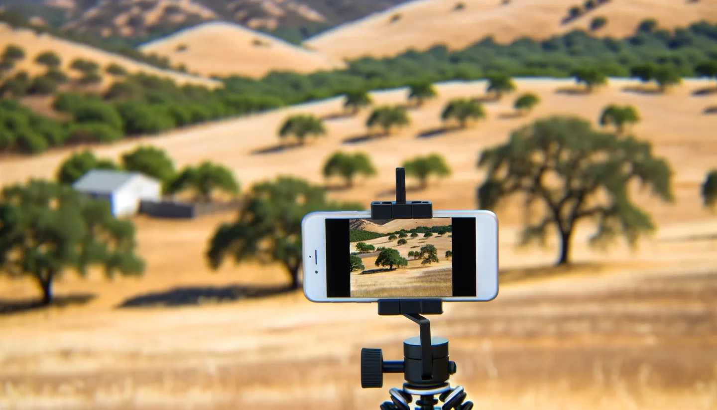 Smartphone on tripod photographing a vacant land parcel in California