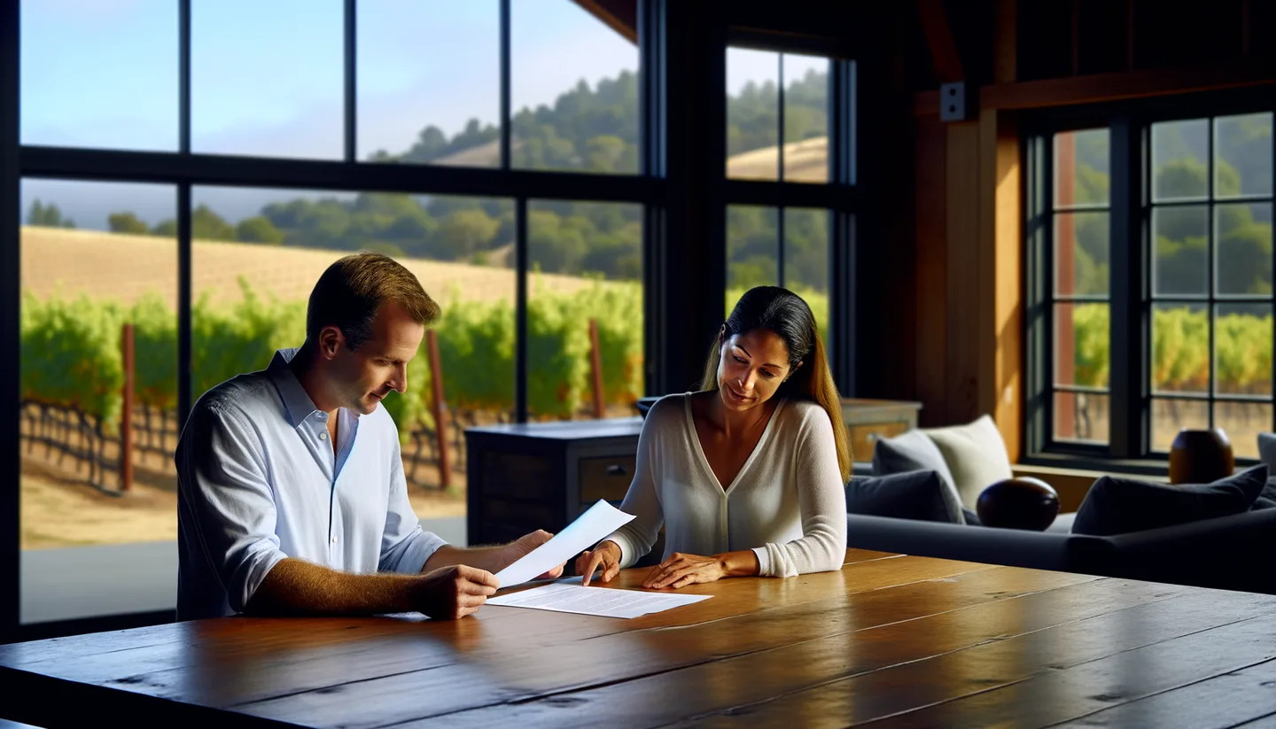 Two people reviewing land sale documents without a realtor