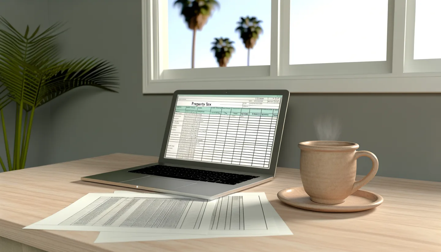 Property tax documents and laptop on a desk in California