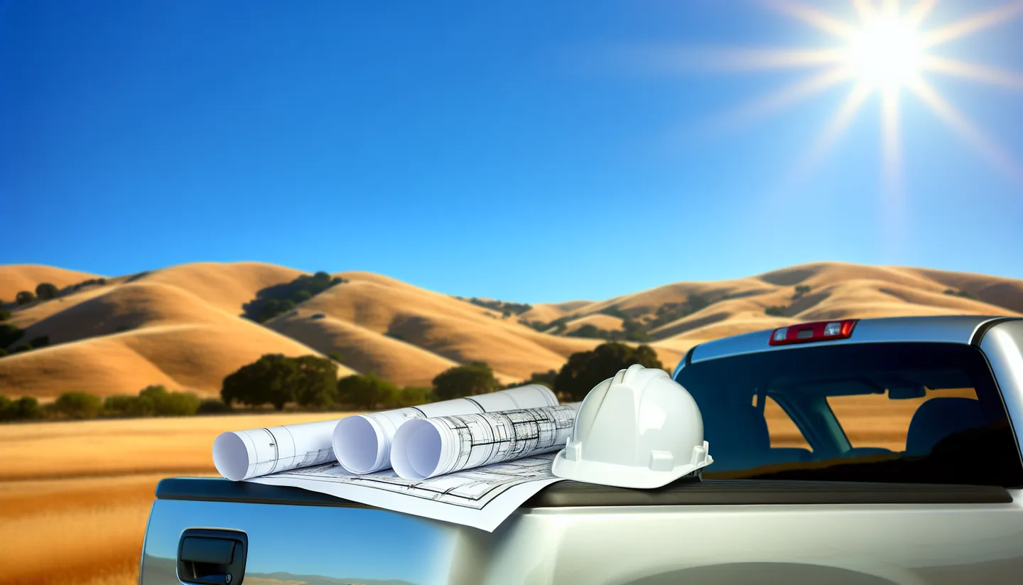 Blueprints and hard hat on a truck hood at a construction site