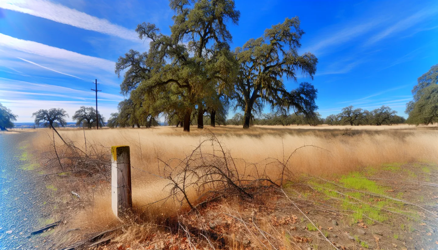 Overgrown inherited land parcel with boundary marker in California