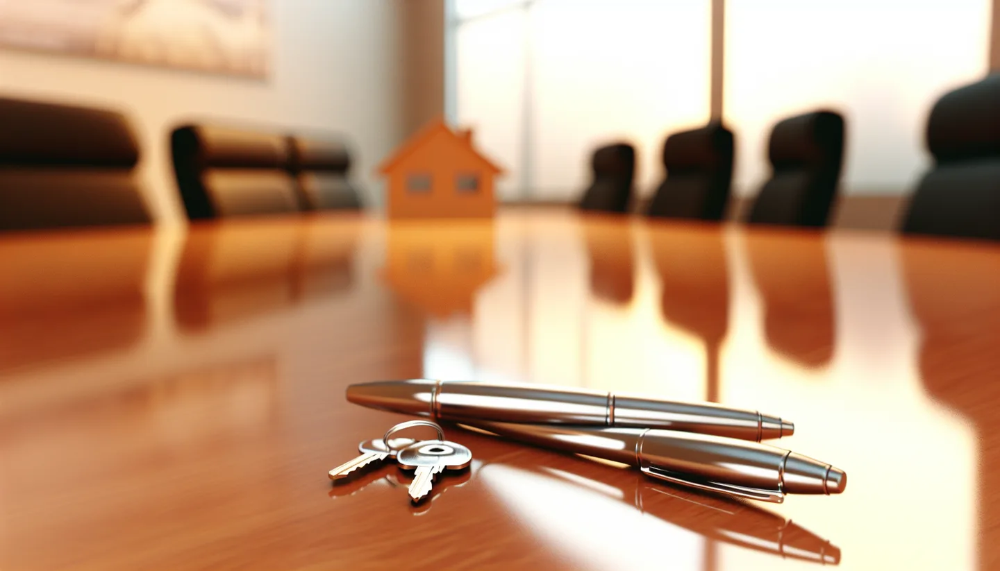 Property closing table with signed documents and keys from above