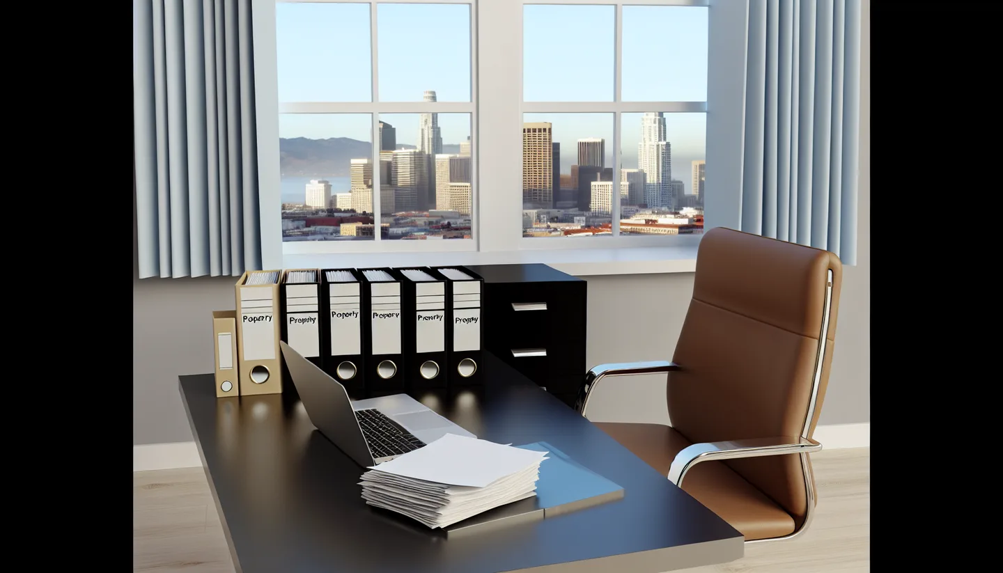 Professional office with property documents and California city view