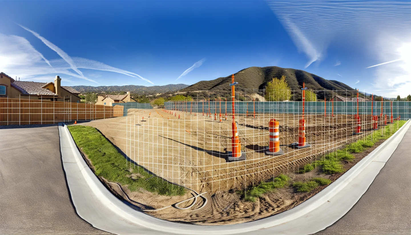 Graded construction lot with utility stakes in California foothills