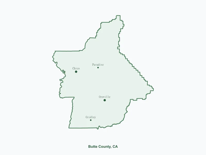 Map of Butte County, CA showing major cities