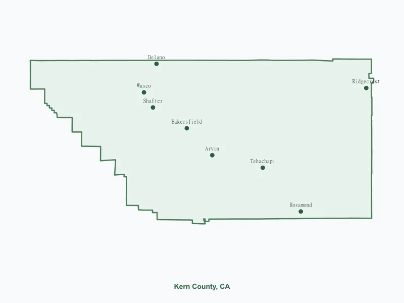 Map of Kern County, CA showing major cities