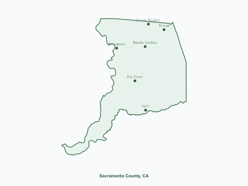 Map of Sacramento County, CA showing major cities