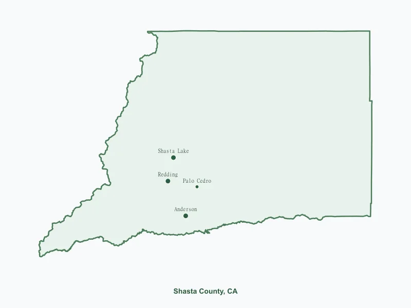 Map of Shasta County, CA showing major cities
